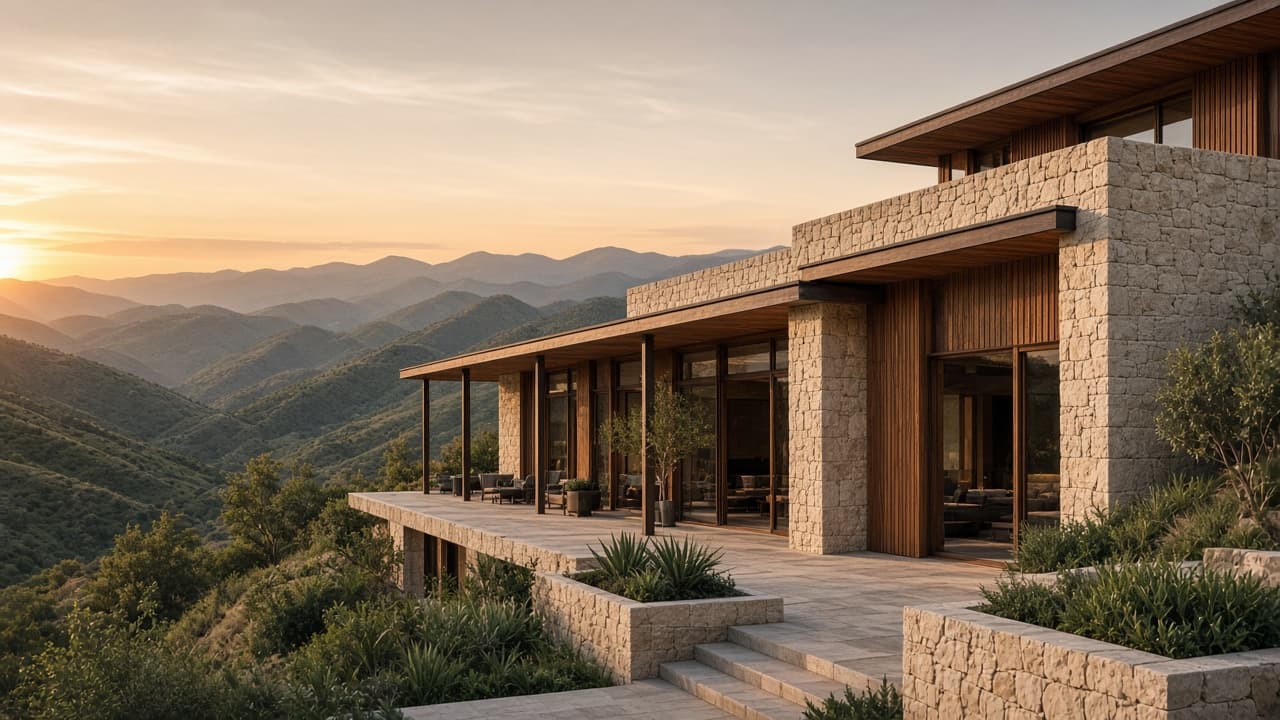 Fachada contemporánea de Sierragrandar al atardecer sobre las sierras de Córdoba