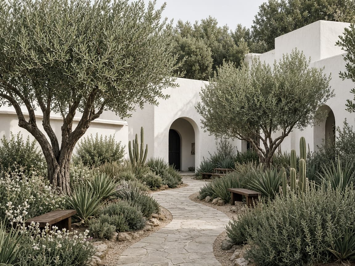 Patio interior con vegetación y arquitectura contemporánea